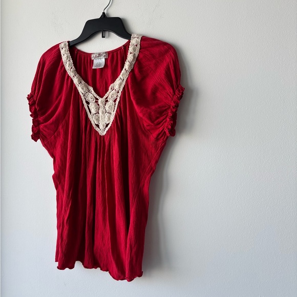 VTG LA Movers Top Red Crochet Short Sleeve Gauze Cotton Women M Boho Cottagecore - Picture 3 of 7